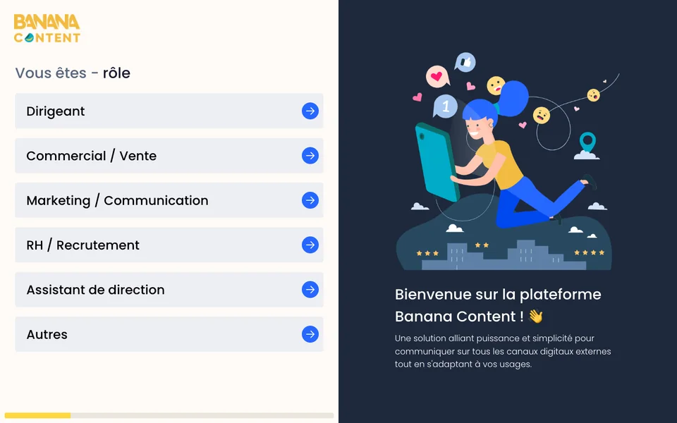 Ancien écran d’accueil de BANANA-CONTENT : un questionnaire de rôle en six choix.